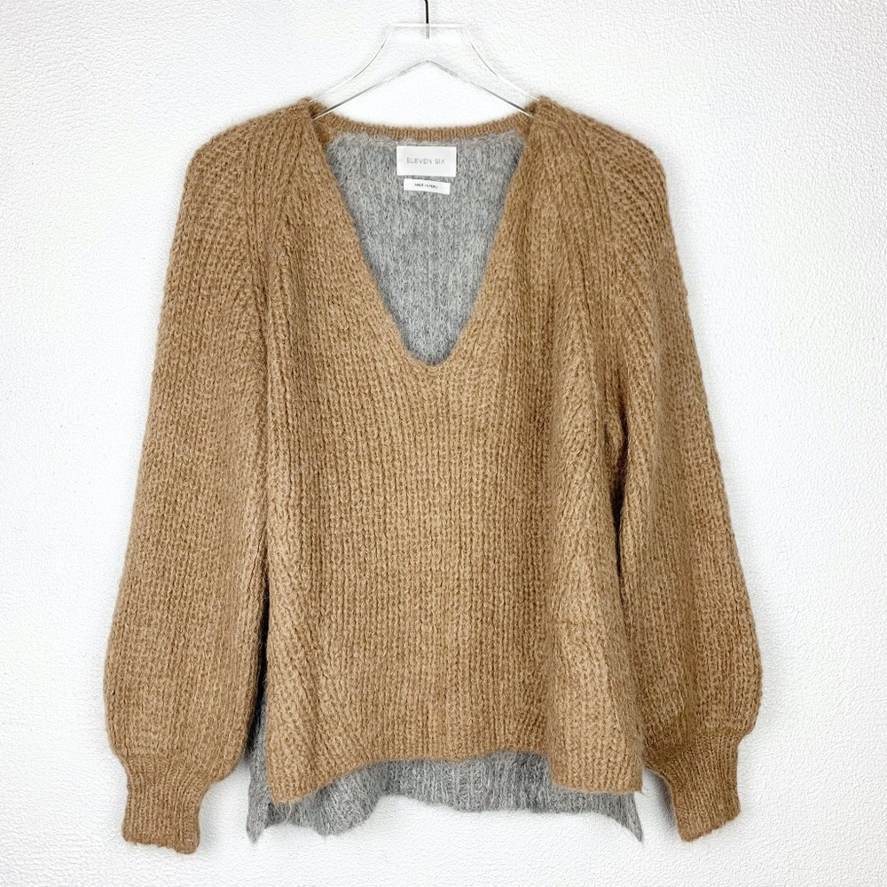Eleven Six | Tess V Neck Alpaca Wool Sweater Brown Grey